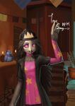  anthro avian beak beanie bird black_clothing black_hair candle clothing collar detailed_background female gesture hair hat headgear headwear helluva_boss hi_res long_hair octavia_(helluva_boss) owl owl_demon pink_clothing pink_collar pink_eyes plant smile solo standing star teenager text treesway_(artist) waving white_text young 
