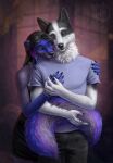  anthro canid canine chatin_naidoo clothed clothing collar cuffs_(disambiguation) duo embrace female hi_res himeragoldtail hug male male/female mammal mephitid skunk 