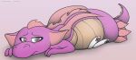  anthro belly big_belly crush dragon duo female foxball fur half-closed_eyes hi_res lagomorph leporid lying lying_on_another male male/female mammal multicolored_body narrowed_eyes nude penelope_(barbie) purple_body rabbit simple_background size_difference tan_body white_body wings 
