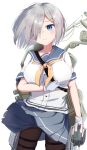  1girl absurdres black_pantyhose blue_eyes blue_sailor_bikini breasts gloves grey_hair grey_skirt hair_ornament hair_over_one_eye hairclip hamakaze_(kancolle) highres kantai_collection large_breasts looking_at_viewer machinery mok4suke neckerchief pantyhose pleated_skirt school_uniform serafuku short_hair simple_background skirt solo white_background white_gloves yellow_neckerchief 