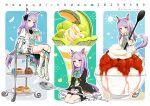  1girl anbutter_siruko animal_ears aqua_bow barefoot blush boots bow brand-new_friend_(umamusume) bread cake closed_mouth dated food fruit gloves happy_birthday hat high_heel_boots high_heels highres holding holding_spoon horse_ears horse_girl horse_tail knee_boots light_purple_hair long_hair long_sleeves mejiro_mcqueen_(end_of_sky)_(umamusume) mejiro_mcqueen_(ripple_fairlady)_(umamusume) mejiro_mcqueen_(umamusume) melon mini_hat mini_top_hat multiple_views navel open_mouth oversized_object parfait purple_eyes short_sleeves smile spoon strawberry_shortcake super_smashing_summer_vacation_(umamusume) tail top_hat twitter_username umamusume white_footwear white_gloves white_headwear 