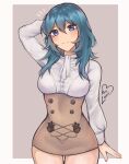  1girl alternate_costume arm_behind_back artist_name blue_eyes blue_hair breasts byleth_(female)_(fire_emblem) byleth_(fire_emblem) fire_emblem fire_emblem:_three_houses garreg_mach_monastery_uniform highres large_breasts looking_at_viewer medium_breasts purrlucii smile solo thigh_gap thighs 