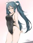 1girl black_one-piece_swimsuit blue_eyes blue_hair blush cowboy_shot gakky gradient_background hair_ribbon hairband highres isuzu_(kancolle) kantai_collection long_hair looking_at_viewer one-piece_swimsuit pink_background ribbon solo swimsuit twintails 