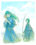  1boy 1girl bucket cloud cloudy_sky crying crying_with_eyes_open drill_hair father_and_daughter fire_emblem fire_emblem:_three_houses fishing_rod flayn_(fire_emblem) garreg_mach_monastery_uniform green_eyes green_hair hair_ornament hairclip highres holding holding_bucket holding_fishing_rod holding_shell looking_at_viewer pointy_ears seteth_(fire_emblem) shell sky suzytookaflight swept_bangs tears turtleneck twin_drills 