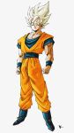  1boy black_footwear black_shirt blonde_hair boots bracelet clenched_hands dragon_ball full_body green_eyes highres jewelry jumpsuit kakeru_(dbskakeru) looking_at_viewer male_focus muscular muscular_male orange_jumpsuit shirt simple_background sleeveless solo son_goku spiked_hair super_saiyan toriyama_akira_(style) white_background 