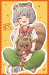  1girl :3 animal_ears blush closed_eyes crossed_legs green_overalls grey_hair highres leaf leaf_on_head mode_aim neckerchief open_mouth orange_socks overalls ponpoko_(vtuber) raccoon_ears raccoon_girl raccoon_tail red_neckerchief shirt shoes short_hair short_sleeves sneakers socks tail tanuki uminokaisen v virtual_youtuber white_footwear white_shirt 