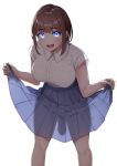  1girl :d absurdres blue_eyes blue_skirt blush breasts brown_hair clothes_lift collared_shirt feet_out_of_frame futanari glowing glowing_eyes highres large_breasts lifted_by_self long_skirt looking_at_viewer open_mouth original penis pleated_skirt see-through see-through_silhouette see-through_skirt shirt short_hair simple_background skirt skirt_lift smile solo white_background white_shirt wreath_(lit) 