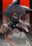  1girl black_hair breasts cleavage ears_down fox_shadow_puppet glowing glowing_eyes hair_between_eyes hands_up highres kawachi_rin long_sleeves mask mouth_mask original red_eyes short_hair_with_long_locks solo upper_body wide_sleeves 