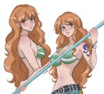  1girl absurdres arm_tattoo belt bracelet brown_eyes commentary denim eiriseth freckles highres holding holding_stick jewelry log_pose long_hair looking_to_the_side nami_(one_piece) one_piece orange_hair profile simple_background solo stick stomach swimsuit tattoo upper_body white_background 