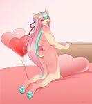  2021 anthro bangs biped blue_hair blue_pawpads butt cheek_tuft claws countershade_face countershade_fur countershade_tail countershade_torso countershading digital_media_(artwork) facial_tuft felid feline fur girly hair heart_balloon heart_pillow hi_res hideaki_(character) hindpaw kneeling looking_at_viewer looking_back looking_back_at_viewer male mammal multicolored_hair nude open_mouth pawpads paws pillow pink_body pink_fur pink_hair pink_nose rear_view red_eyes scut_tail shaded short_tail solo tail tan_body tan_fur toe_claws tuft two_tone_hair wolfbane154 