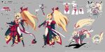  1girl backless_outfit bad_link bell blonde_hair bow copyright demon_girl demon_tail demon_wings disgaea disgaea_rpg earrings eyepatch fang flonne full_body grey_background high_ponytail japanese_clothes jewelry katana long_hair long_tail multiple_views official_art open_mouth outline photoshop_(medium) pointy_ears red_eyes red_tail red_wings reference_sheet sandals sheath sheathed simple_background smile standing sword tail tail_bell tail_bow tail_ornament turnaround very_long_hair weapon white_outline wings 