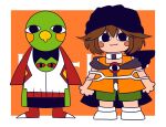  1boy 1jumangoku 1other admiral_(animal_crossing) androgynous animal_crossing bandana black_bandana black_eyes blush_stickers brown_hair cape character_request check_character choker closed_mouth coat commentary crossover flat_color furry furry_male green_shorts jacket kuzu_suzumi len&#039;en orange_background orange_jacket purple_cape purple_shirt shirt short_hair shorts sleeveless sleeveless_jacket smile socks white_choker white_coat white_socks 