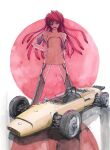  1girl arm_behind_back black_thighhighs brown_shirt car eyepatch floating_hair formula_one formula_racer garter_straps hi_fumiyo highres honda honda_ra270 long_hair motor_vehicle one_eye_covered open_mouth original personification race_vehicle racecar red_hair shadow shirt signature smile solo thighhighs traditional_media vehicle_and_personification vehicle_focus very_long_hair 