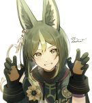  1boy absurdres animal_ear_fluff animal_ears black_hair earrings flower fox_boy fox_ears genshin_impact gloves green_hair grin hair_between_eyes highres hood hood_down jewelry looking_at_viewer male_focus man015s signature simple_background single_earring smile solo tighnari_(genshin_impact) upper_body white_background yellow_flower 