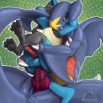  abstract_background absurd_res anal anthro balls bite bodily_fluids canid canine carrying duo fin fish garchomp generation_4_pokemon genital_fluids genitals hi_res knot lucario male male/male mammal marine nintendo pokemon pokemon_(species) precum sex shark sitting size_difference slit tail tail_bite tail_in_mouth xanthor 