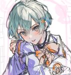  1boy aqua_hair be_suko blue_shirt blush bow flower hair_flower hair_ornament idolish7 isumi_haruka jacket long_sleeves looking_at_viewer male_focus multicolored_background official_alternate_costume orange_bow pink_background shirt short_hair sketch solo tongue tongue_out white_background white_jacket yellow_eyes 