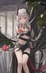  1girl absurdres apple arknights bikini black_bikini blush breasts demon_girl demon_horns feet_out_of_frame food fruit grey_hair hair_ornament hallo_(rltkdydrltk) highres holding holding_food holding_fruit horns jewelry large_breasts long_hair looking_at_viewer mudrock_(arknights) mudrock_(silent_night)_(arknights) navel necklace official_alternate_costume pointy_ears red_eyes sitting smile solo swimsuit 