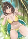  1girl ;d armpits ass_visible_through_thighs bare_arms bare_shoulders bikini blue_eyes blurry blurry_foreground breasts brown_hair cleavage depth_of_field double_v hair_ornament hairclip halterneck hands_up highres innertube kureha_(ironika) long_hair looking_at_viewer medium_breasts navel one_eye_closed open_mouth original side-tie_bikini_bottom sitting smile solo stomach string_bikini swimsuit thighs tsubasa_(kureha) v water wet x_hair_ornament yellow_bikini 