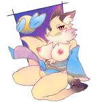 anthro asian_clothing blue_clothing blush bokkymen5747706 breasts canid canine clothing cygames exposed_breasts female fox fur genitals hi_res inner_ear_fluff mammal moon neck_tuft night nipples pussy red_eyes shirano simple_background solo tuft world_flipper yellow_body yellow_fur 