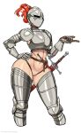  1girl abs armor armored_boots boots cowboy_shot dagger gauntlets hand_on_own_hip helmet highres knife knight long_hair muscular muscular_female navel nisetanaka orange_hair original pauldrons pussy sheath sheathed shoulder_armor solo stomach sword thigh_boots weapon white_background 