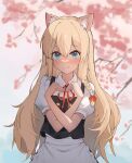  1girl absurdres animal_ear_fluff animal_ears apron blonde_hair blue_eyes blush cat_ears chinese_commentary closed_mouth collared_shirt commentary_request facing_viewer heart heart_hands highres kemonomimi_mode kirisame_marisa kulomi long_hair looking_ahead neck_ribbon puffy_short_sleeves puffy_sleeves red_ribbon ribbon shirt short_sleeves solo touhou upper_body waist_apron white_apron white_shirt 