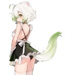  1girl ahoge animal_ears apron ass back black_panties black_skirt blush closed_mouth colored_tips commentary english_commentary ferret_ears ferret_girl ferret_tail flying_sweatdrops from_behind gradient_tail green_eyes green_hair green_tail hair_between_eyes halterneck laimu_(vtuber) looking_at_viewer maid_apron multicolored_hair panties short_hair simple_background skindentation skirt solo tail thighhighs underwear vinesauce virtual_youtuber wavy_mouth white_background white_hair white_tail white_thighhighs yenkoes 