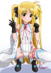  1girl black_gloves blonde_hair blush breasts closed_mouth fate_testarossa gloves hair_ribbon highres long_hair looking_at_viewer lyrical_nanoha mahou_shoujo_lyrical_nanoha mahou_shoujo_lyrical_nanoha_a&#039;s red_eyes ribbon simple_background small_breasts smile solo spread_legs thighhighs tooo twintails white_background white_thighhighs 