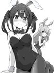  2girls ahoge animal_ears blush breasts cleavage covered_navel detached_collar fake_animal_ears fake_tail greyscale highres large_breasts leotard long_hair looking_at_viewer monochrome multiple_girls onii-chan_wa_oshimai! oyama_mahiro oyama_mihari pantyhose pc_fworks playboy_bunny simple_background sitting small_breasts smile solo_focus standing tail twintails white_background wrist_cuffs 