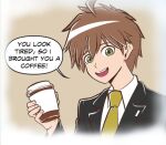  1boy :d ahoge black_jacket border brown_background brown_eyes brown_hair collared_shirt cup danganronpa_(series) danganronpa_3_(anime) green_necktie hair_between_eyes holding holding_cup jacket male_focus naegi_makoto necktie rubixkun_(capnii) shirt short_hair smile solo teeth upper_teeth_only white_border white_shirt 