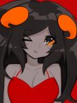 alien aradia_megido big_breasts black_hair blush breasts cleavage clothed clothing dress female front_view grey_body grey_skin hair half-length_portrait head_tilt hi_res homestuck horn horned_humanoid humanoid long_hair looking_at_viewer ms_paint_adventures not_furry omotiegg one_eye_closed orange_sclera portrait red_background red_clothing red_dress simple_background solo troll_(homestuck) webcomic wink 