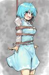  1girl blue_eyes blue_hair blue_skirt blue_vest blush breasts commentary_request cross-laced_clothes ginnkei grey_background heterochromia highres long_sleeves open_mouth red_eyes restrained shirt short_hair skirt solo standing tatara_kogasa tearing_up touhou vest white_shirt 