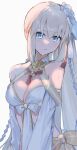  1girl absurdres bare_shoulders blue_eyes braid breasts cleavage dress fate/grand_order fate_(series) french_braid grey_hair hair_ornament highres large_breasts long_hair looking_at_viewer morgan_le_fay_(fate) ponytail rizu033 sidelocks solo very_long_hair white_dress 