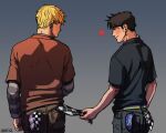  2boys bara black_hair blonde_hair blush couple cris_art denim ear_piercing feet_out_of_frame from_behind heart hulkling jeans layered_sleeves lgbt_pride male_focus marvel multiple_boys pants piercing pulled_by_another short_hair sideburns sideburns_stubble smile wiccan yaoi 