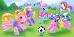  action_pose ball blonde_hair blonde_mane blue_eyes blue_hair blue_mane blue_tail braided_hair braided_mane braided_ponytail cupcake_(mlp) daisyjo detailed_background female feral flag flower grass green_body green_eyes group hair hasbro lyn_fletcher mane minty_(mlp) mlp_g3 multicolored_hair multicolored_mane multicolored_tail my_little_pony outside pink_hair pink_mane plant ponytail pose purple_body purple_eyes smile soccer_ball sport tail visor white_body yellow_tail 