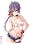  1girl ahoge akebono_(kancolle) bare_shoulders bell bikini bikini_under_shorts blue_shorts blush breasts collarbone cropped_legs ebifurya hand_on_own_hip highres kantai_collection long_hair looking_at_viewer navel one-hour_drawing_challenge open_mouth purple_eyes purple_hair red_scrunchie scrunchie short_shorts shorts side_ponytail simple_background small_breasts solo stomach swimsuit twitter_username white_background white_bikini wrist_scrunchie 