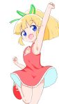  1girl arm_up armpits bangs blonde_hair blue_eyes blush dress looking_at_viewer mega_man_(series) open_mouth owlz ponytail red_dress red_footwear roll_(mega_man) simple_background solo standing standing_on_one_leg white_background 