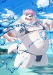  absurd_res anthro belly bikini bulge clothed clothing crossdressing fur hair hi_res kemoniku120 kemono male moobs navel overweight partially_submerged pink_hair solo splash swimwear vtuber water water_fight white_body white_fur yukizakura_gaku 