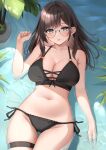  1girl absurdres afloat blush breasts brown_eyes brown_hair cleavage glasses highres large_breasts long_hair looking_at_viewer nagi_aoi navel open_mouth original solo swimsuit water 