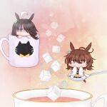  2girls agnes_tachyon_(umamusume) ahoge animal_ears animal_print black_hair black_necktie brown_hair cat_print chibi coffee_mug commentary cup earrings eyes_visible_through_hair hair_between_eyes hair_over_one_eye highres horse_ears horse_girl horse_tail in_container in_cup jewelry jitome labcoat long_bangs long_sleeves manhattan_cafe_(umamusume) medium_hair messy_hair minigirl mug multicolored_hair multiple_girls necktie no_mouth ponytail ponytail_(amya5377) shaded_face single_earring sleeves_past_fingers sleeves_past_wrists sparkle spoon sugar_cube sweater tail tea teacup teaspoon two-tone_hair umamusume white_hair yellow_eyes yellow_sweater 