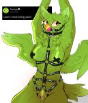  &lt;3 2023 anthro arms_above_head aroused avian ball_gag bdsm beak bird blush bodily_fluids bondage bound breasts collar duo_(duolingo) duolingo eyelashes feathers female fluffy gag gagged genital_fluids genitals green_body green_feathers hi_res mascot medium_breasts neck_tuft nervous_expression nipple_tape owl pasties pussy pussy_juice simple_background small_waist solo spread_wings sweat sweatdrop tail_feathers tape tuft unsobriety wings yellow_beak 