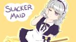  1girl apron armband bored grey_hair maid maid_apron maid_headdress purple_eyes purple_ribbon ribbon rubbing_eyes vivi vividly yellow_background 