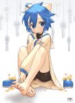  1boy absurdres ahoge animal_ears artist_name barefoot bike_shorts bishounen black_shirt black_shorts blue_eyes blue_hair blush coat dated feet full_body hair_between_eyes highres knees_up legs long_sleeves looking_at_viewer male_focus open_mouth original sailor_collar shirt shoes short_hair short_shorts shorts simple_background soles solo spread_toes star_(symbol) toenails toes tsukibara unworn_shoes white_background 