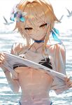  1girl alternate_costume bikini bikini_under_clothes black_bikini blonde_hair blue_choker blue_ribbon blurry blurry_background breasts choker cleavage closed_mouth collarbone day depth_of_field duplicate flower genshin_impact hair_between_eyes hair_flower hair_ornament hair_ribbon jewelry looking_at_viewer lumine_(genshin_impact) medium_breasts navel necklace ocean outdoors pixel-perfect_duplicate ribbon scottie_(phantom2) see-through see-through_shirt shirt short_sleeves solo stomach swimsuit underboob water wet white_flower white_shirt yellow_eyes 