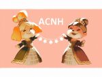  2girls alternate_costume animal_crossing animal_ears anniversary artist_name bellhenge blonde_hair blunt_bangs blush_stickers border brown_hair buttons closed_eyes commentary copyright_name dog_ears dog_girl dress english_commentary floppy_ears freckles frilled_sleeves frills furry furry_female gold_headwear gold_trim green_dress hair_bun high_ponytail holding hoop_skirt isabelle_(animal_crossing) juliet_sleeves long_dress long_eyelashes long_skirt long_sleeves lottie_(animal_crossing) multiple_girls open_mouth otter_girl pink_background puffy_sleeves red_dress short_hair short_ponytail single_hair_bun skirt smile tiara v-shaped_eyebrows v-shaped_eyes white_border white_skirt 