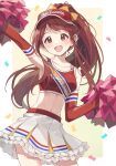  1girl absurdres arm_up armpits blush breasts brown_eyes brown_hair cheering cheerleader collarbone confetti cropped_shirt elbow_gloves frilled_skirt frills gloves grid_background hair_ribbon hano9789 highres holding holding_pom_poms idolmaster idolmaster_million_live! idolmaster_million_live!_theater_days long_hair looking_at_another medium_breasts midriff navel open_mouth pleated_skirt pom_pom_(cheerleading) red_gloves red_tank_top ribbon shirt skirt smile solo standing sweat tanaka_kotoha tank_top visor_cap white_skirt yellow_background yellow_ribbon 