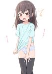  1girl ^^^ black_thighhighs blue_shirt blush bow bow_panties brown_eyes brown_hair collarbone commentary_request fang highres looking_at_viewer no_pants open_mouth original panties shirt short_sleeves simple_background solo standing striped striped_panties takasuma_hiro thigh_gap thighhighs translation_request underwear white_background 