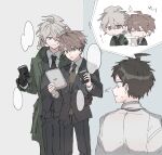  3boys :o aemono_(lemolemo_lmn) ahoge black_gloves black_pants brown_hair coffee collared_shirt cup danganronpa:_trigger_happy_havoc danganronpa_(series) danganronpa_2:_goodbye_despair disposable_cup formal gloves green_jacket green_necktie grey_hair hair_over_one_eye hand_around_waist highres hinata_hajime holding holding_cup hood hood_down hooded_jacket jacket komaeda_nagito long_sleeves looking_at_another multiple_boys multiple_views naegi_makoto necktie open_clothes open_jacket pants ponytail shirt short_hair smile speech_bubble white_shirt yaoi 