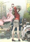  1girl black_footwear brown_hair coat from_behind full_body grey_eyes grey_skirt helmet high_heels highres jacket long_hair looking_back motorcycle_helmet office_lady_taiwan original pink_coat ponytail red_jacket skirt skirt_suit solo suit taiwan tennohi 