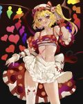  1girl :p bare_shoulders blonde_hair breasts contrapposto crystal flandre_scarlet hat highres mob_cap nail_polish one_side_up purple_eyes red_nails short_hair single_thighhigh small_breasts solo thighhighs tomatolover16 tongue tongue_out touhou v-shaped_eyebrows wings 