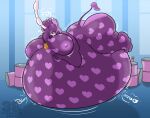  anthro big_breasts big_butt bigburrbailey blue_eyes blush breasts butt common_hippopotamus cowbell feeding_tube female hair hi_res hippopotamid holding_belly horn huge_belly inflation liquid_inflation lola_(strangelopunny) mammal medical_instrument nude onomatopoeia overweight purple purple_hair scientific_instrument solo sound_effects text thick_thighs 